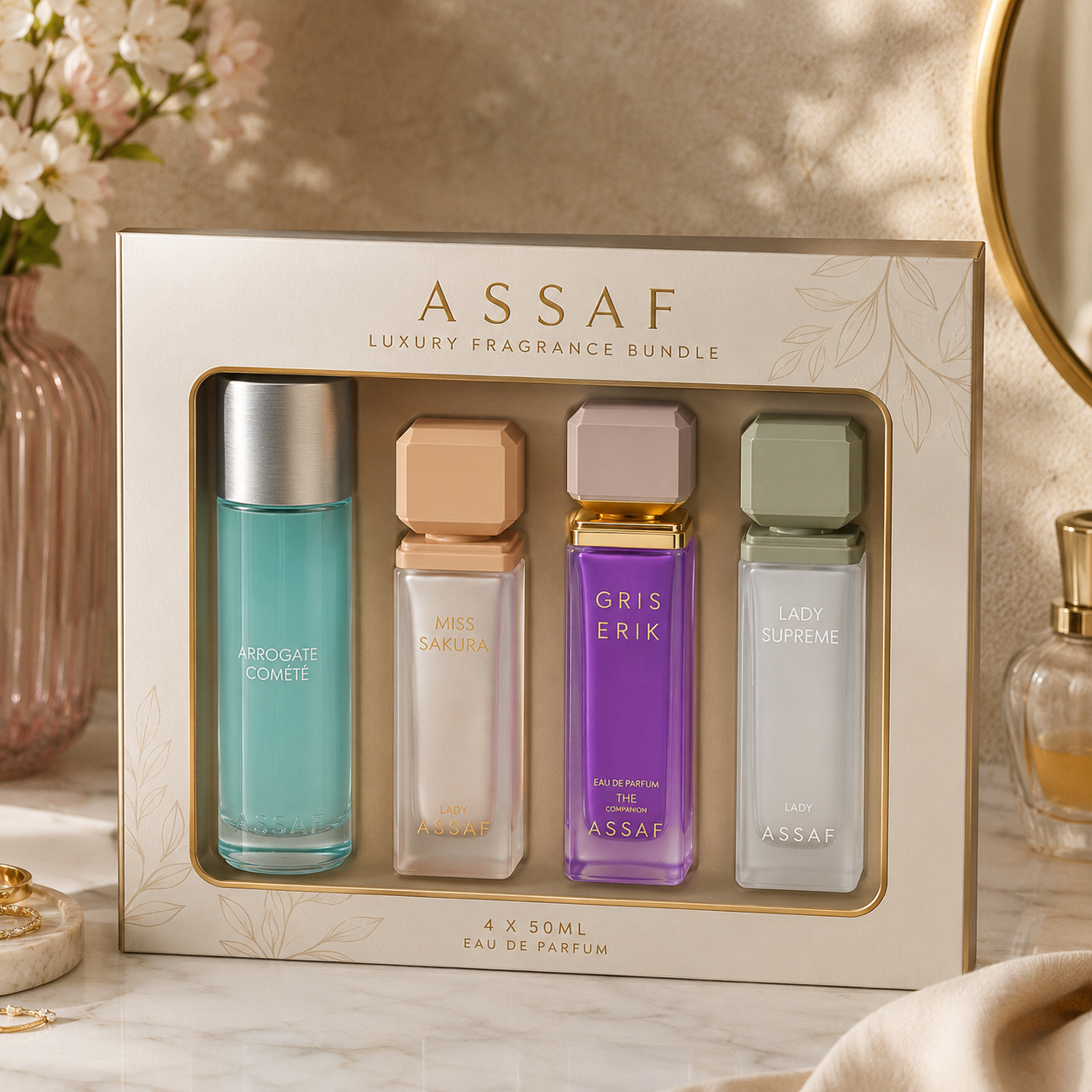 ASSAF Luxury Perfume Collection Gift Set – 4 Premium Eau De Parfum Fragrances for Womenمجموعة عطور أساف الفاخرة – 4 عطور أو دو بارفان مميزة للنساء والرجال & Men
