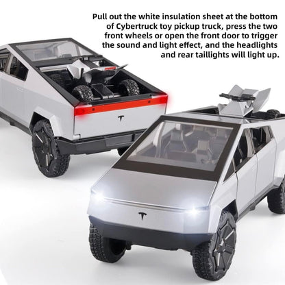 1:24 Tesla Cybertruck Pickup with Motorcycle – Diecast Alloy Toy Car with Lights & Sound