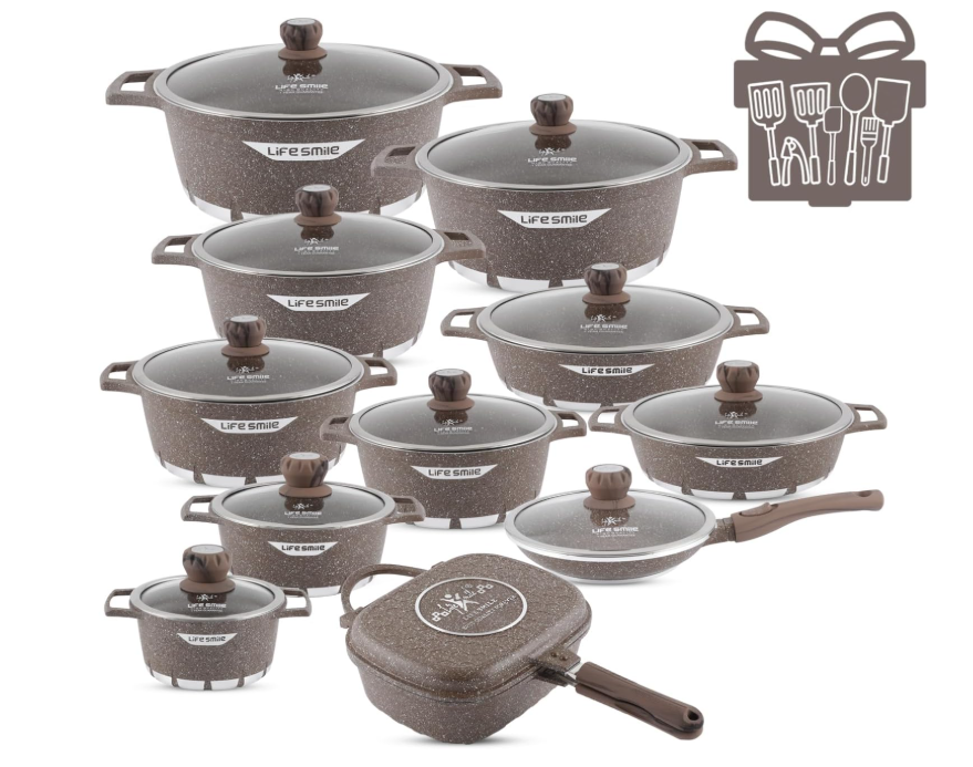 LIFE SMILE 29-Piece Cookware Set | Granite Stone Non-Stick Pots & Pans | طقم أواني الطبخ 29 قطعة جرانيت
