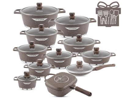 LIFE SMILE 29-Piece Cookware Set | Granite Stone Non-Stick Pots & Pans | طقم أواني الطبخ 29 قطعة جرانيت