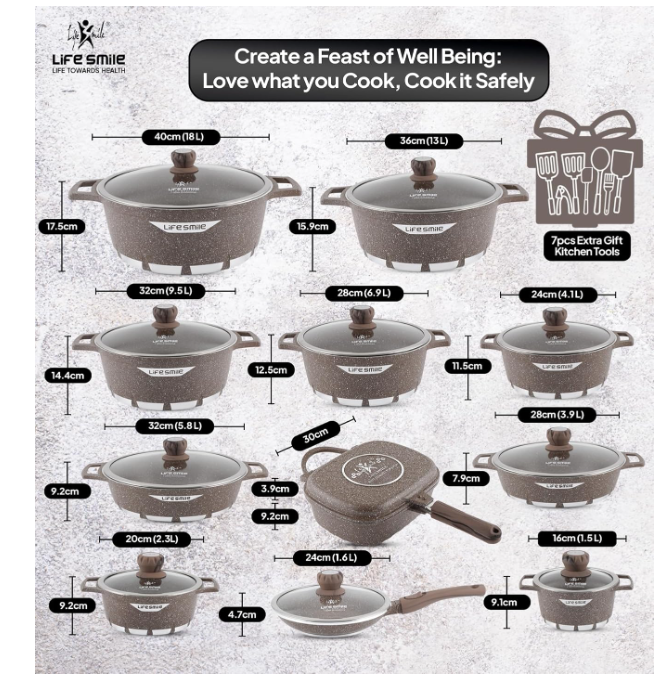 LIFE SMILE 29-Piece Cookware Set | Granite Stone Non-Stick Pots & Pans | طقم أواني الطبخ 29 قطعة جرانيت