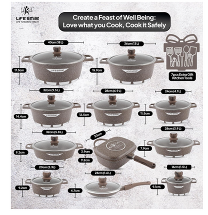 LIFE SMILE 29-Piece Cookware Set | Granite Stone Non-Stick Pots & Pans | طقم أواني الطبخ 29 قطعة جرانيت